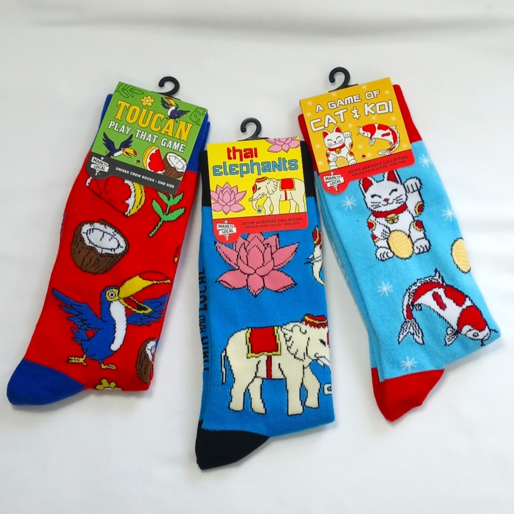 Fun Graphic Socks. Thai Elephant , Cat&Koi, Toucan